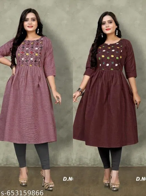 Solid Embroidered Cotton Kurti for Women, Pack of 2 (Maroon, M)