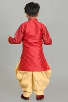 Dupion Silk Printed Kurta with Dhoti for Boys, Maroon & Golden 