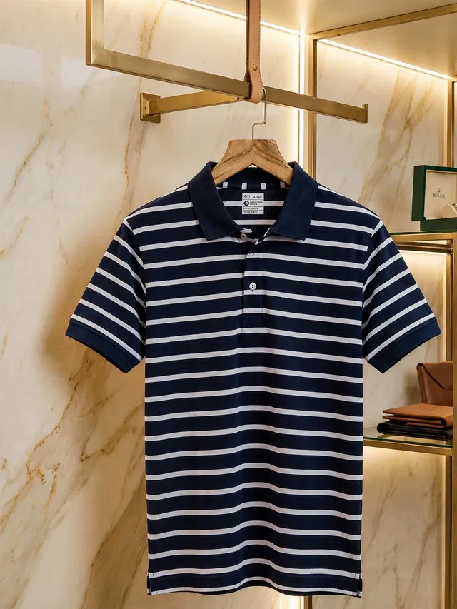 Striped Polo T-shirt for Men (Navy Blue, XL)