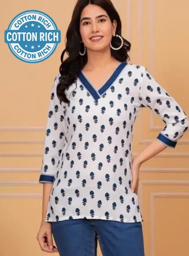Cotton Block Print Short Kurti for Women (Beige, S)