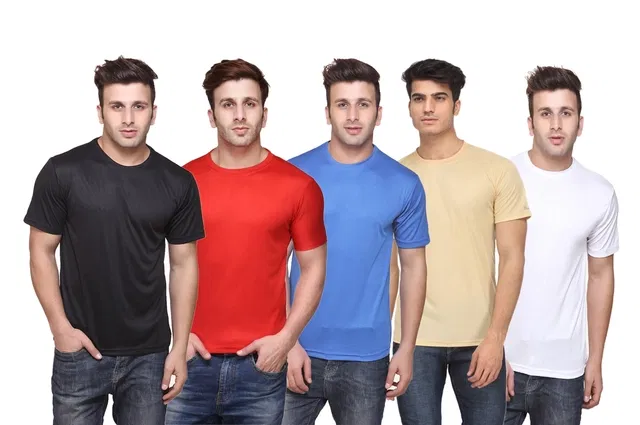 Round Neck Solid Polyester T-shirts for Men, Pack of 5 (Multi, M)