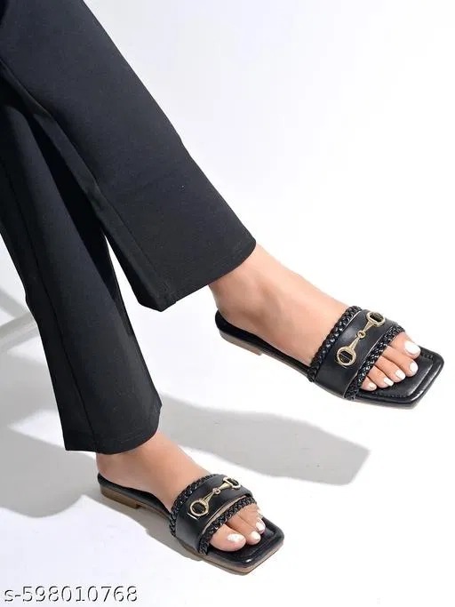 Shoetopia Embellished Black Flat Sandals Size IND-7