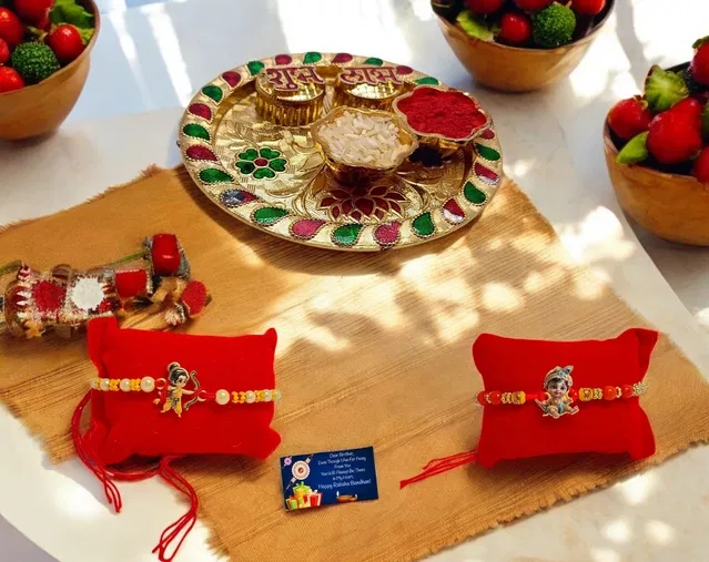 Combo of 2 Pcs Rakhi, 4.5 inch Plate, Greeting Card & Roli Chawal (Multicolor, Set of 1)