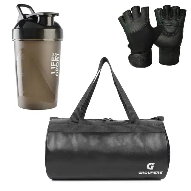 PU Leather Gym Bag with Gloves & Shaker Bottle (400 ml) for Men & Women (Multicolor, Set of 1)