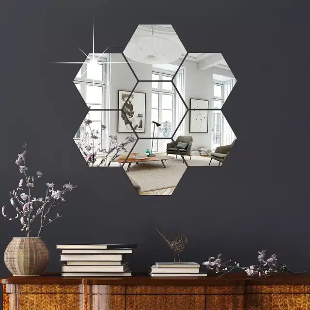 Acrylic Hexagon Shaped Wall Mirror Stickers (Silver, Pack of 7)