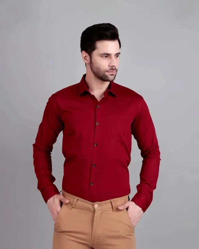 Cotton Blend Full Sleeves Solid Shirt for Men (Maroon, M)