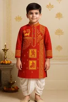 Cotton Printed Kurta with Dhoti for Boys, Red & White 