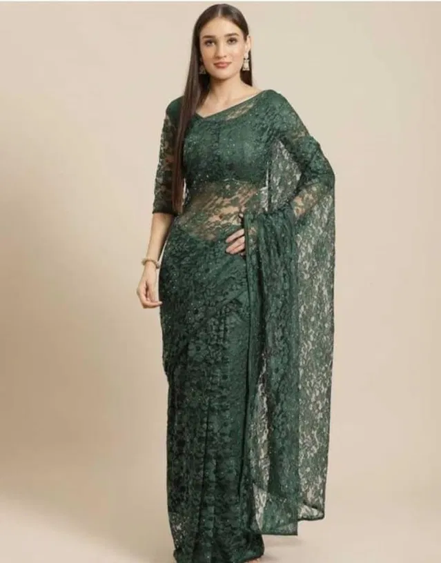 Net Solid Saree for Women (Green, 6.3 m)