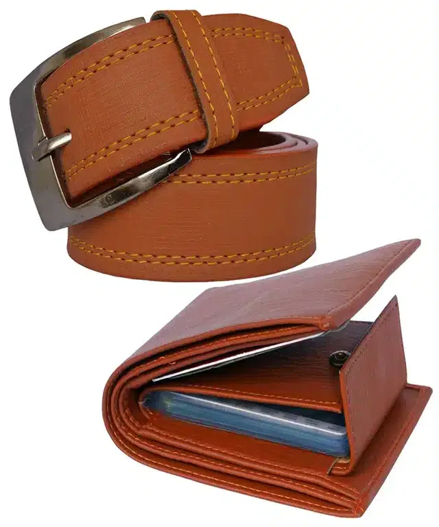 Leather Belt with Wallet for Men (Tan, Set of 2)