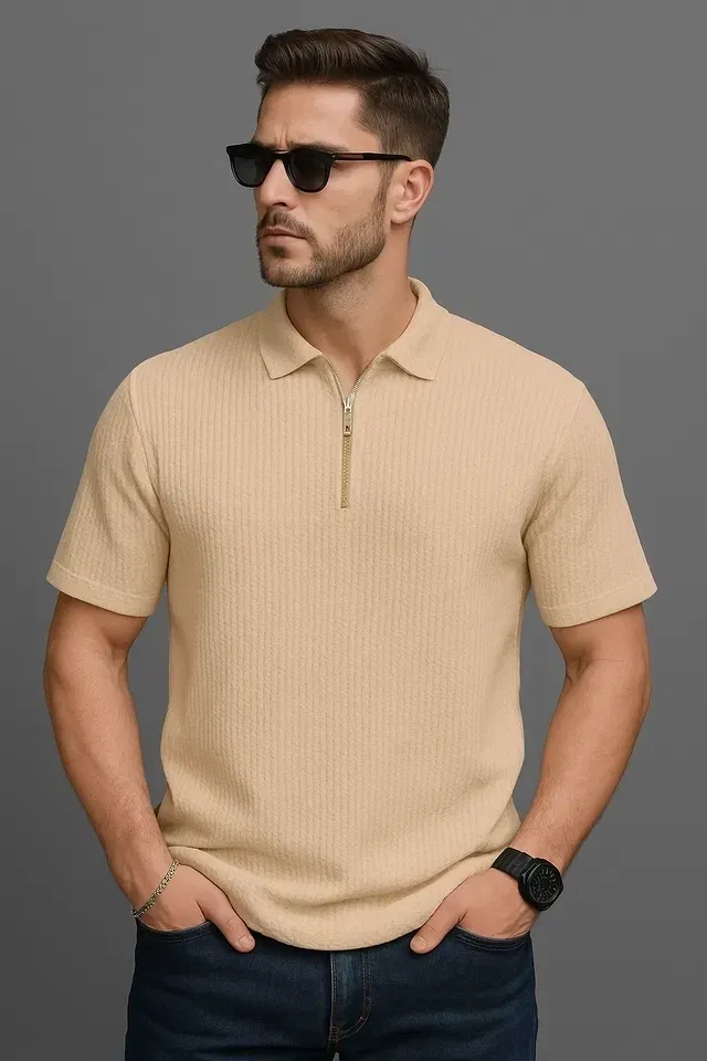 Solid Polo T-Shirt for Men (Beige, XXL)
