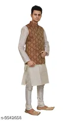 Dupion Silk Solid Kurta with Pyjama & Jacket for Men 