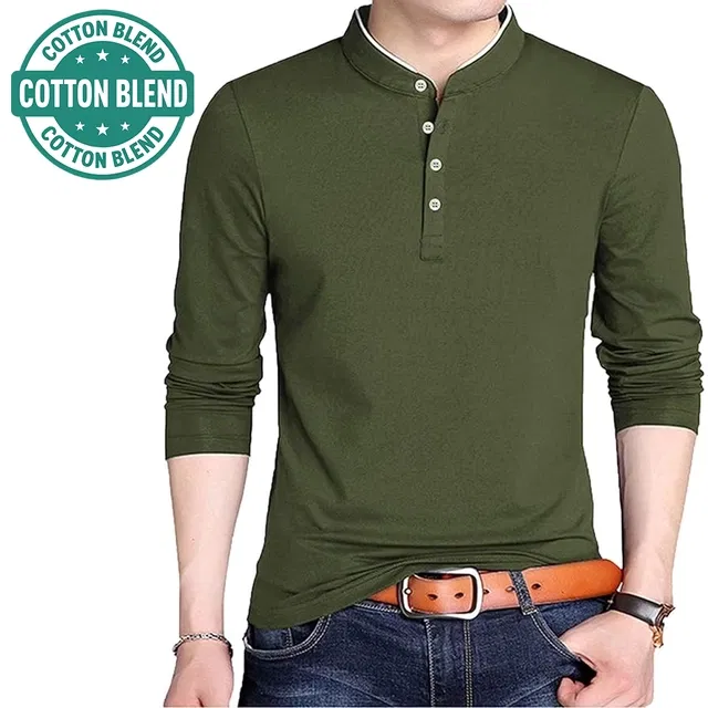 Mandarin Collar Solid T-Shirt for Men (Olive, XXL)