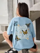 Round Neck Printed T-Shirt for Girls (Aqua Blue, 6-7 Years)