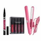 Face Makeup Combo, Set of 5 Combo of Huda Red Edition 4 Pcs Lipstick with 36 H Eyeliner & Professional Hair Straightener