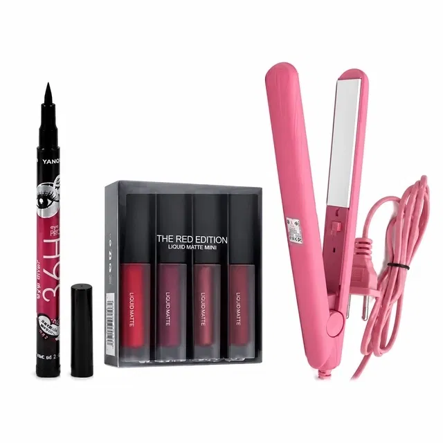 Face Makeup Combo, Set of 5 Combo of Huda Red Edition 4 Pcs Lipstick with 36 H Eyeliner & Professional Hair Straightener