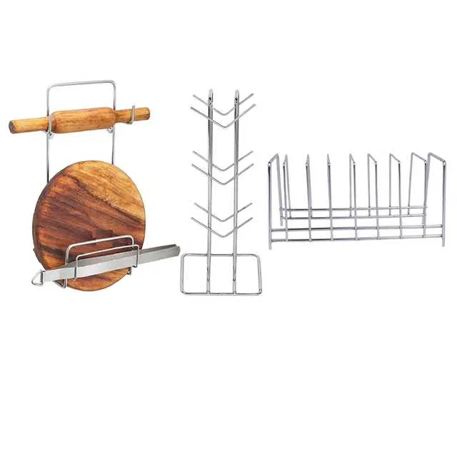 Stainless Steel Cup Stand & Plate Stand & Chakla Belan Stand For Kitchen (Set of 3) (OC-028)