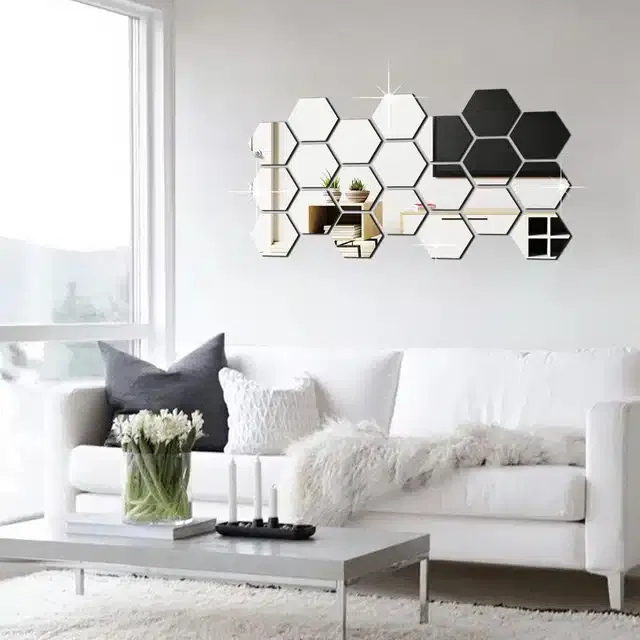 Acrylic Hexagon Shaped Wall Mirror Stickers (Silver, Pack of 21)