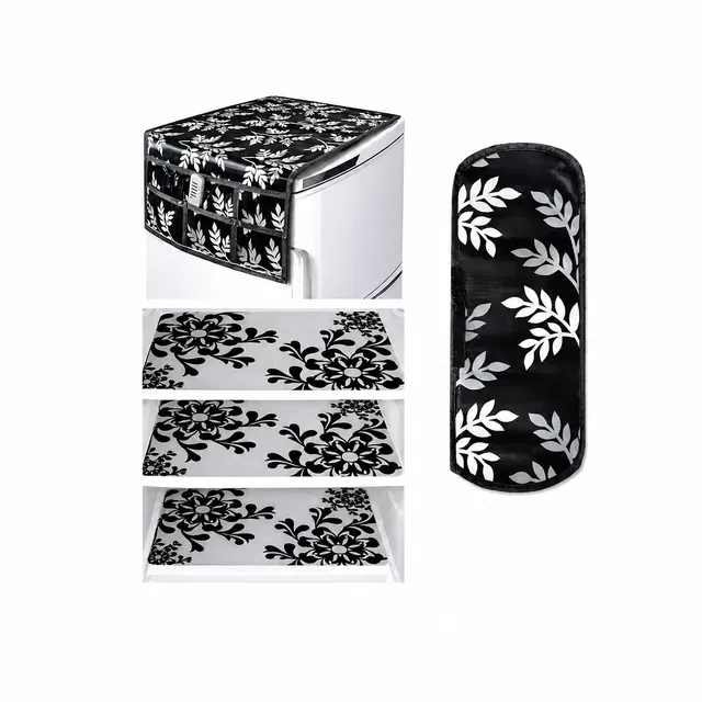 Krishna 1 Fridge Top Cover with 1 Handle Cover & 3 Placemat, Set of 5, Black