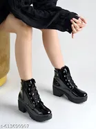 Shoetopia Solid Patent Leather Heeled Boots Black 
