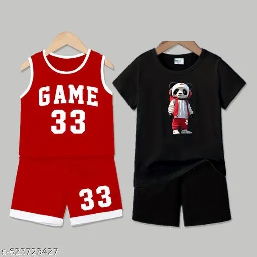 Cotton Blend Printed Clothing Set for Boys, Red & Black, Pack Of 2 (12-18 Months)
