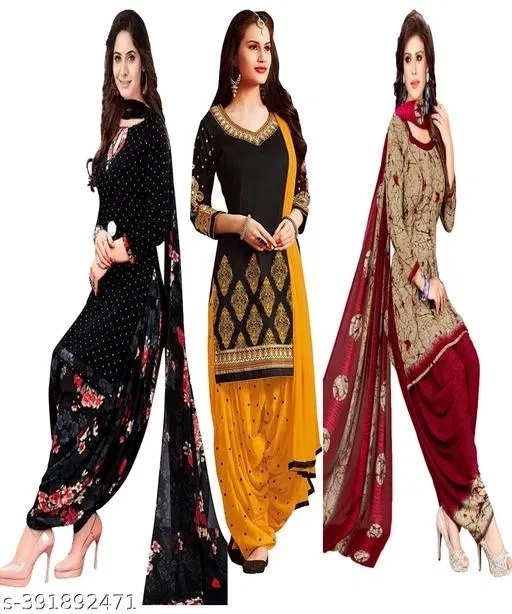 Crepe Printed Unstitched Suits for Women, Pack of 3 (Black, Un Stitched)