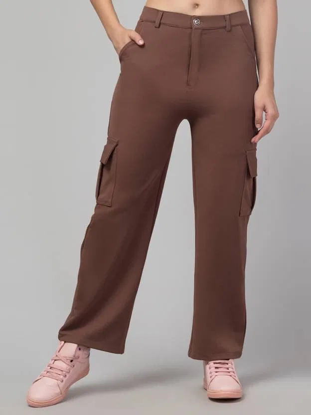 Knitted Poly twill Cargo Trouser / Pant for Women (Brown, L)