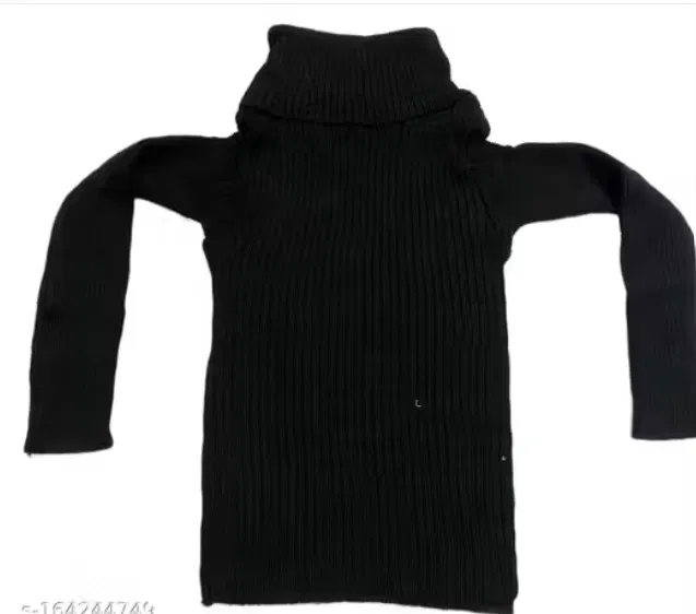 Woolen Solid Hi-Neck Sweater for Kids, Black (L)