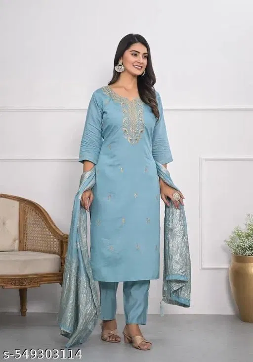 Embroidered Kurta Set for Women (Aqua Blue, L)