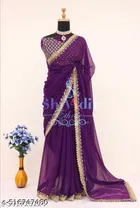 Chiffon Solid Saree For Women, Purple