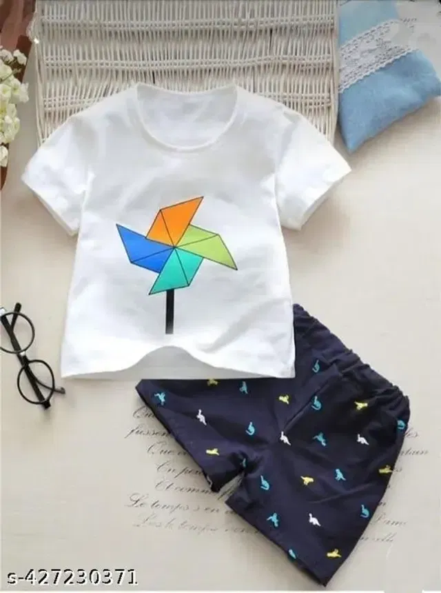 Cotton Printed Clothing Set for Boys (White & Blue, 12-18 Months)