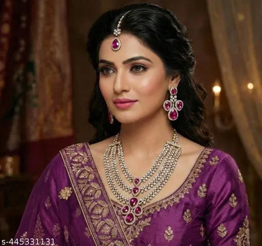 3 Layer Mehandi Finish Bridal White Diamond Trendy Necklace Set for Women (Purple, Free Size)
