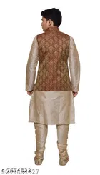 Dupion Silk Solid Kurta with Pyjama & Jacket for Men 