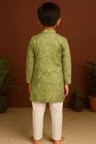 Cotton Blend Printed Kurta with Payjama for Boys, Green & White 