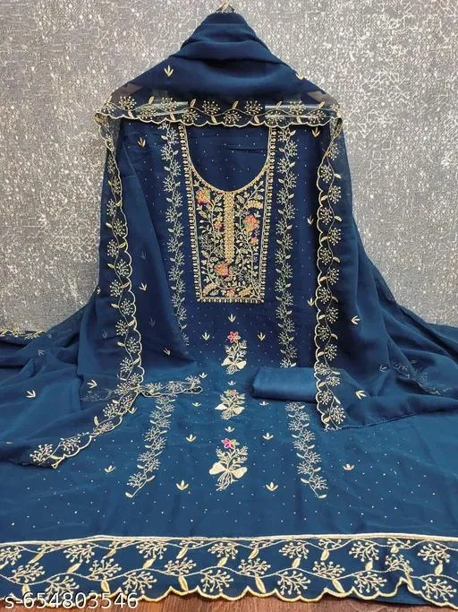 Georgette Punjabi/All Over Suits Semi-Stitched Suits (Navy Blue, 6.25 meter for Women (L)