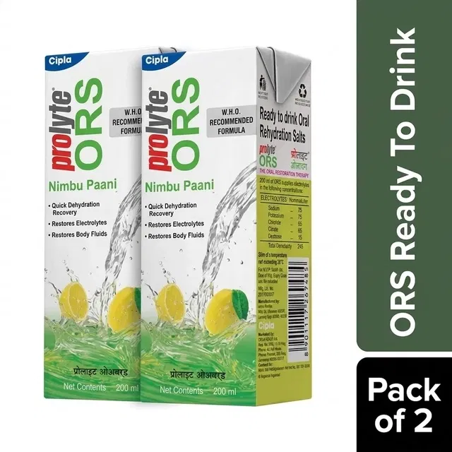 Prolyte ORS Ready To Drink for Body Fluid & Electrolyte Replenishment | For Stomach Care & Dehydration | Flavour Nimbu Paani, 2X200 ml Liquid (Pack of 2)