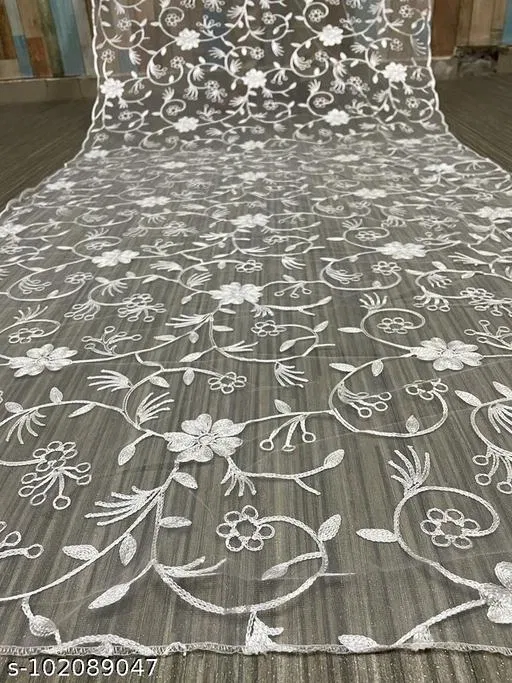 Embroidered Chanderi Net Floral Sewing & Embroidery (White, Free Size)