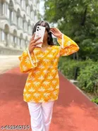 Rayon Printed Short Kurti for Women, Yellow 
