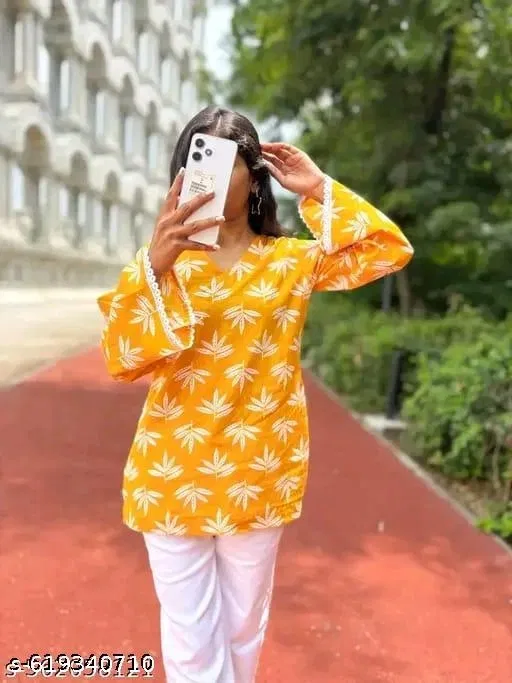 Rayon Printed Short Kurti for Women, Yellow (M)