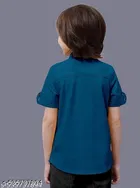 Solid Cotton Blend Mandarin Collar Short Sleeve Shirt for Boys 