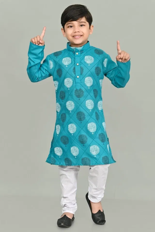Cotton Printed Kurta with Payjama for Boys, Teal & White (5-6 Years)