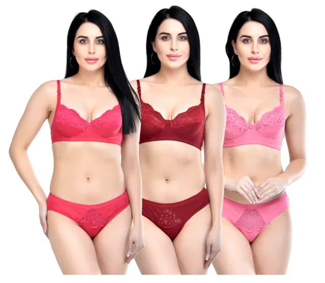 Polycotton Non-Padded Bra with Panty for Women (Multicolor, 40) (Pack of 3)