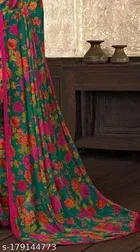 Georgette Printed Saree for Women, Green 