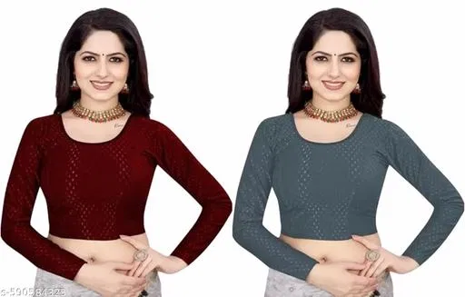 Lycra Ready Made Blouse for Women, Maroon, Pack of 2 (36)