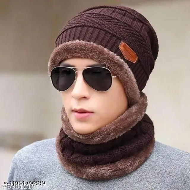 Woolen Winter Beanie Cap with Neck Warmer for Men (Brown, Set of 1)