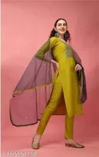 Cotton Blend Embroidered Kurta with Pant & Dupatta for Women 
