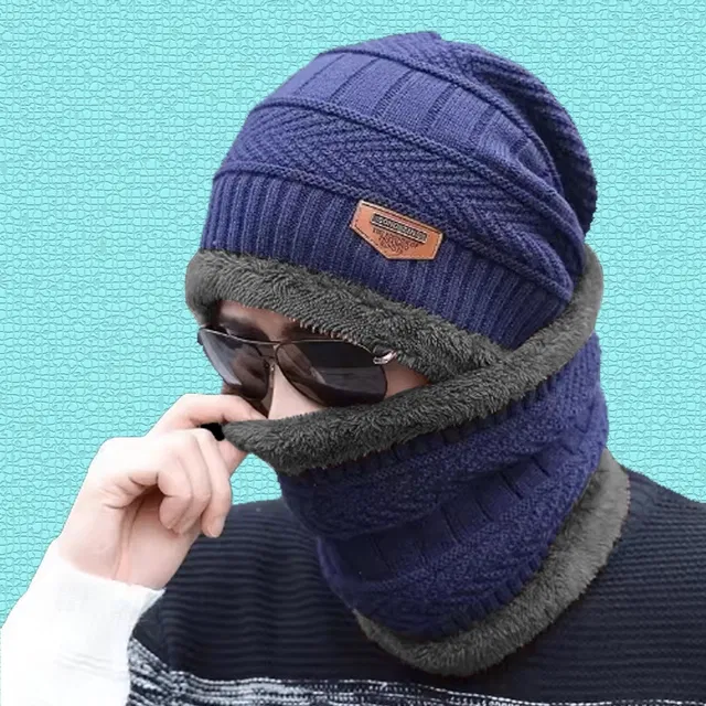 Woolen Cap with Neck Warmer for Men & Women (Blue, Set of 1)