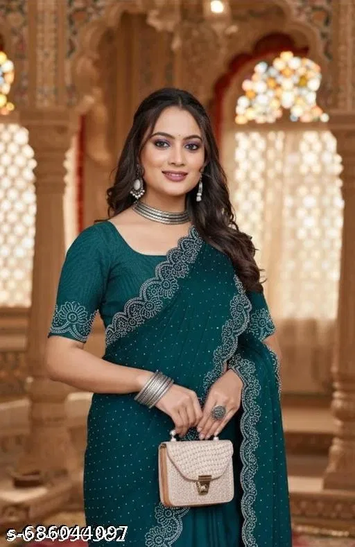 Georgette Embellished Saree For Women, Green