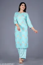 Rayon Printed Kurti with Pant for Women (Aqua Blue, M)