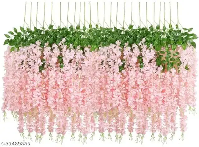 Polyester Artificial Hanging Flower Garlands (Pink & Green, Pack of 6)