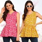 Rayon Printed Flared Top for Women (Pink & Yellow, S) (Pack of 2)